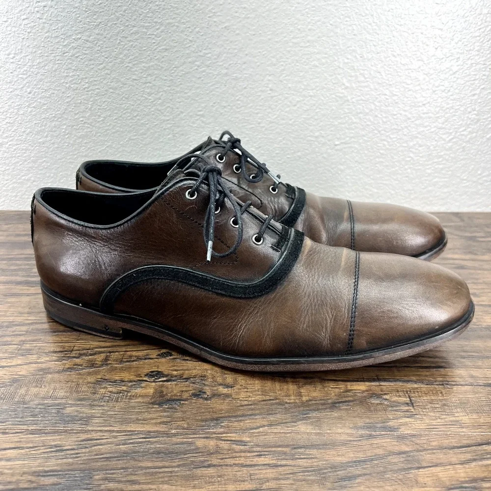 John Varvatos Size 11.5D‎ Oxfords Dress Shoes Brown Leather Cap Toe Suede Trim